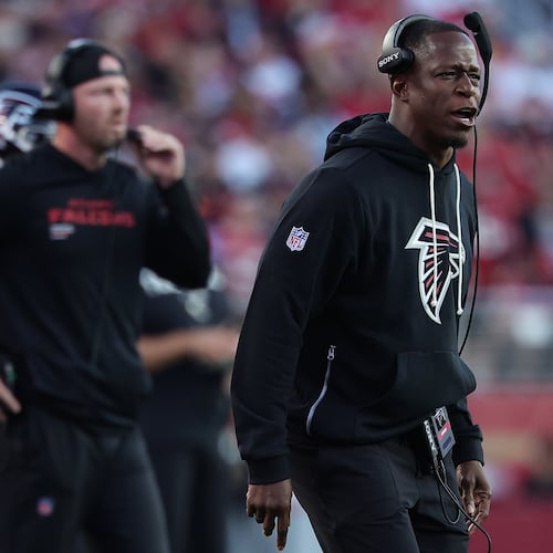 Atlanta Falcons head coach Raheem Morris speaks in the first half of an NFL football game against the San Francisco 49ers, Sunday, Oct. 19, 2025, in Santa Clara, Calif. (AP Photo/Kelley L Cox)