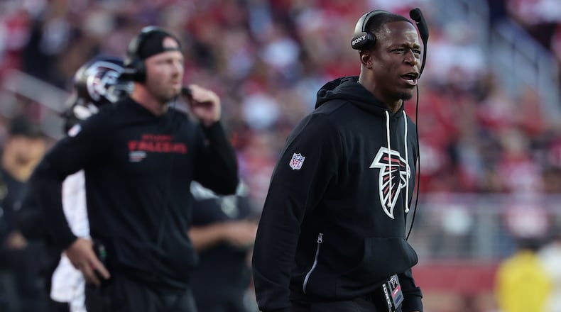 Atlanta Falcons head coach Raheem Morris speaks in the first half of an NFL football game against the San Francisco 49ers, Sunday, Oct. 19, 2025, in Santa Clara, Calif. (AP Photo/Kelley L Cox)