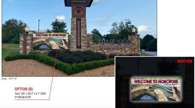 This rendering shows the placement of a digital message center display to be added to the Norcross gateway monument sign at the corner of Holcomb Bridge Road and Peachtree Industrial Boulevard. (Courtesy City of Norcross)