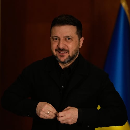 Ukraine's President Volodymyr Zelenskyy looks on after an interview with The Associated Press, in Istanbul, Turkey, Saturday, April 4, 2026. (AP Photo/Khalil Hamra)