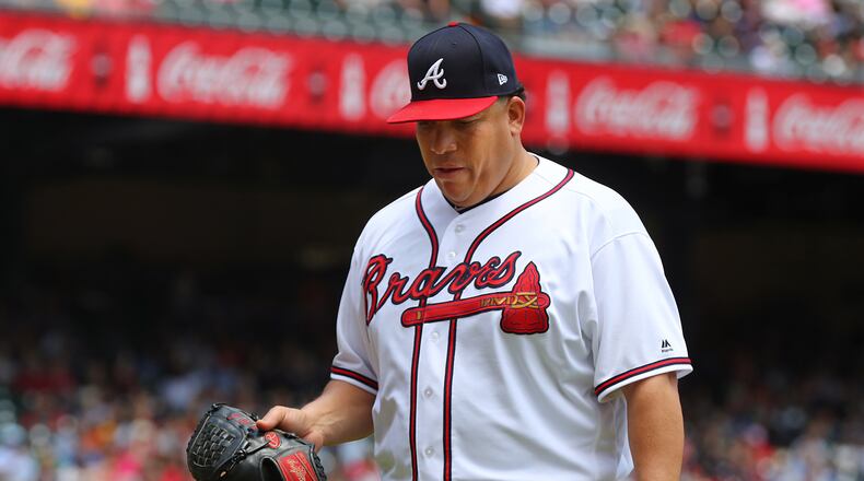 Braves pitcher Bartolo Colon leaves the game at the end of the fifth inning trailing the Pittsburgh Pirates 7-0 in a MLB baseball game on Thursday, May 25, 2017, in Atlanta. Curtis Compton/ccompton@ajc.com