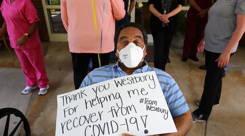 Westbury Medical Care & Rehabilitation resident Johnny Simmons, 65, joins in a celebration last month of the recovery of some of the facility residents in Jackson. Westbury is one of the hardest hit homes in Georgia, with 31 deaths and more than 100 residents testing positive. Many of the residents who tested positive and developed symptoms have now fully recovered. Curtis Compton ccompton@ajc.com