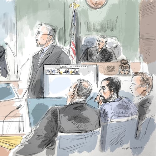 In this courtroom sketch, Salman Rushdie, left, testifies in federal court during the terrorism trial for Hadi Matar, Rushdie's alleged attacker, shown second from bottom left, Thursday, July 23, 2026, in Buffalo, N.Y. (Alexandra Newbould via AP)