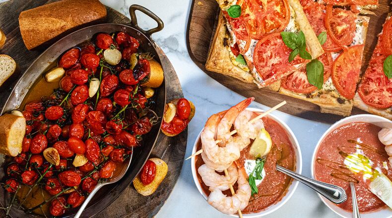 Slow Roasted Cherry Tomato Confit (left), Tomato and Chevre Tart (upper right) and Gazpacho with Chilled Shrimp and Tarragon Creme Fraiche (lower right) highlight one of the stars of summer produce. (Virginia Willis for The Atlanta Journal-Constitution)