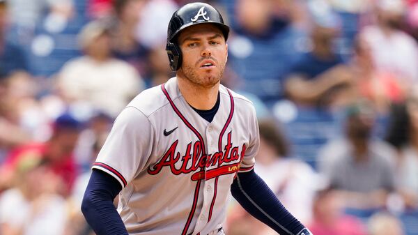 Braves first baseman Freddie Freeman reacts to flying out to end the sixth inning against the Philadelphia Phillies, Sunday, July 25, 2021, in Philadelphia. (Chris Szagola/AP)