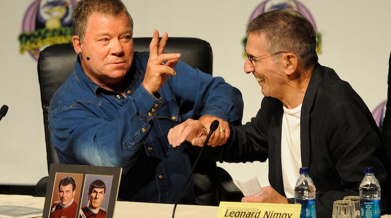 0909042 - Atlanta - William Shatner and Leonard Nimoy joke with each other during the Dragon Con convention at the Hyatt on Friday, September 4, 2009. Johnny Crawford/ jcrawford@ajc.com 0909042 - Atlanta - William Shatner and Leonard Nimoy joke with each other during the Dragon Con convention at the Hyatt on Friday, September 4, 2009. Johnny Crawford/ jcrawford@ajc.com