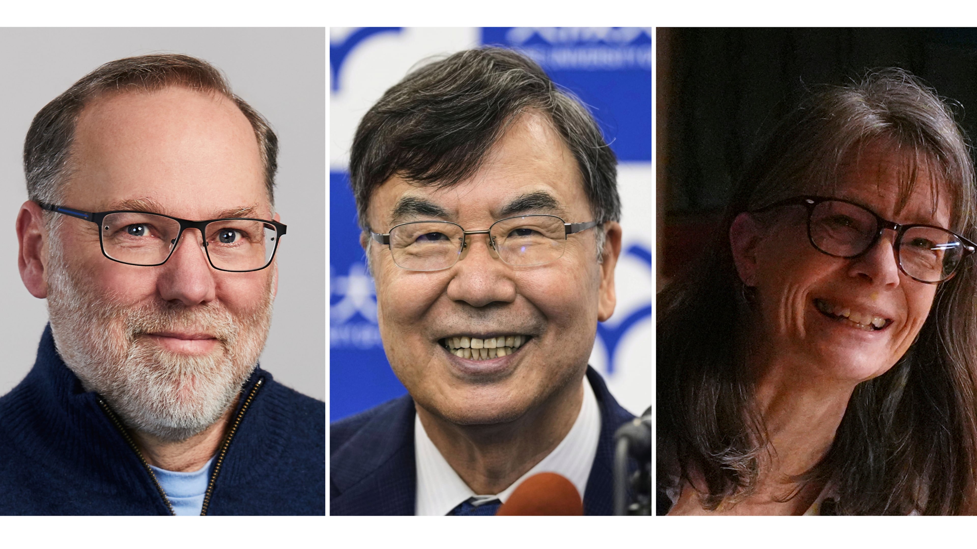 This photo combination shows, from left, Fred Ramsdell in a photo provided by Sonoma Biotherapeutics, Osaka University professor Dr. Shimon Sakaguchi, in Suita, near Osaka, western Japan, Oct. 6, 2025 and Mary E. Brunkow in Seattle, Oct. 6, 2025. (Sonoma Biotherapeutics/Shohei Miyano/Kyodo News, Lindsey Wasson via AP)