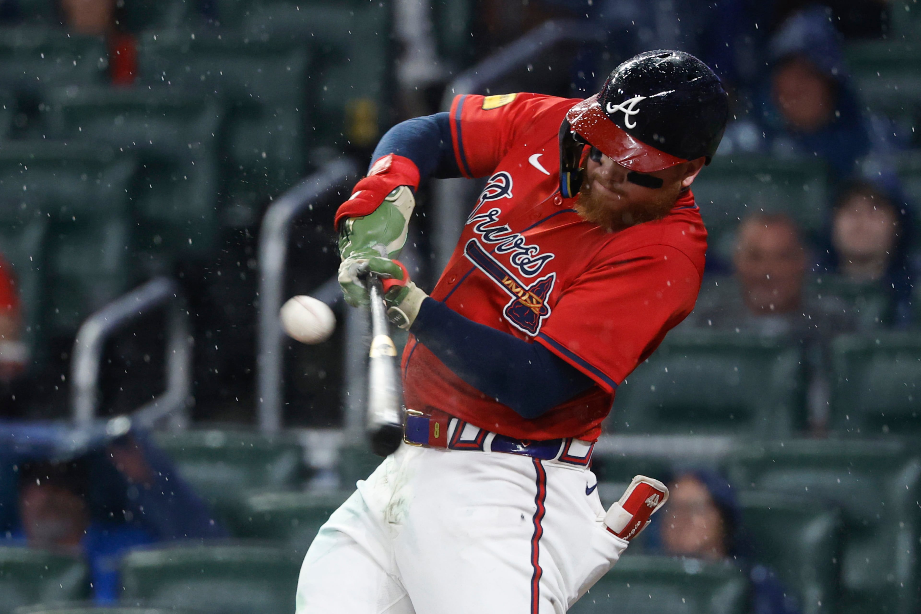 Braves outfielder Alex Verdugo hits a single during the second inning against the Phillies on Friday, June 27, 2025, in Atlanta. (Butch Dill/AP)