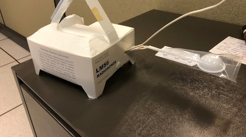 The National Weather Service attaches a radiosonde to weather balloons to record temperature, relative humidity and pressure. One of these landed in downtown Atlanta Thursday and prompted a suspicious package investigation.