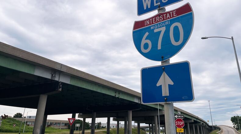 A sign for I-670 is seen near the site of a shooting Thursday, June 18, 2026, in Kansas City, Mo. (AP Photo/Heather Hollingsworth)