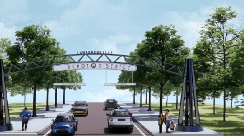 Designs for the Depot District signs in Lawrenceville include arched steel structures across both roads with a height limiting bar feature. (Courtesy City of Lawrenceville)