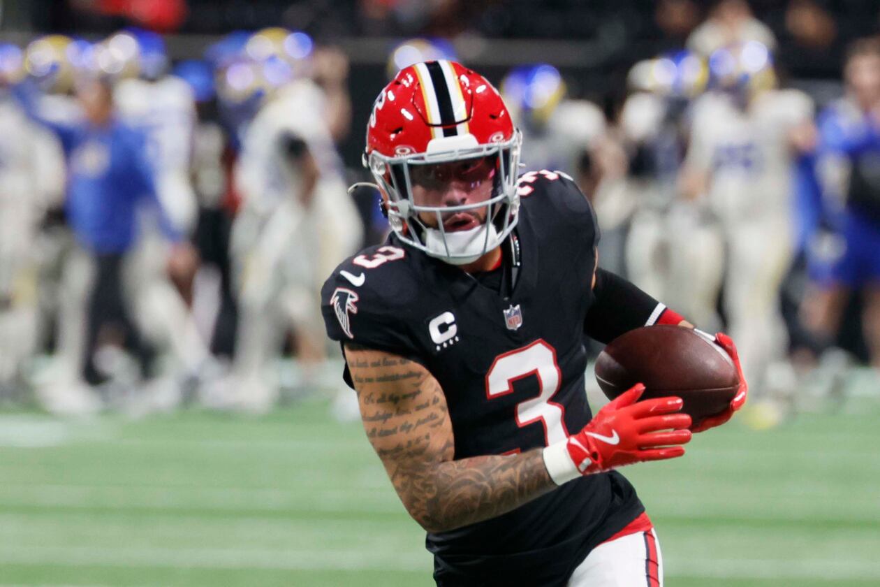 Falcons safety Jessie Bates III — pictured warming up before the game against the Rams in December — has 13 interceptions, three pick-6s and a pair of All-Pro nods over the last three seasons. (Miguel Martinez/AJC 2025)