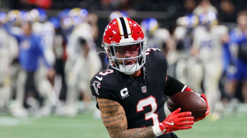 Falcons safety Jessie Bates III — pictured warming up before the game against the Rams in December — has 13 interceptions, three pick-6s and a pair of All-Pro nods over the last three seasons. (Miguel Martinez/AJC 2025)
