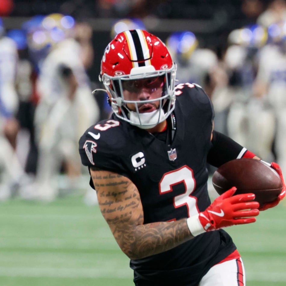 Falcons safety Jessie Bates III — pictured warming up before the game against the Rams in December — has 13 interceptions, three pick-6s and a pair of All-Pro nods over the last three seasons. (Miguel Martinez/AJC 2025)