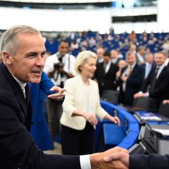 Canada's Prime Minister Mark Carney, left, and European Commission President Ursula von der Leyen arrive for the annual State of the European Union at the European Parliament in Strasbourg, eastern France, Wednesday, Sept 16, 2026. (AP Photo/Pascal Bastien)