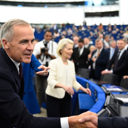 Canada's Prime Minister Mark Carney, left, and European Commission President Ursula von der Leyen arrive for the annual State of the European Union at the European Parliament in Strasbourg, eastern France, Wednesday, Sept 16, 2026. (AP Photo/Pascal Bastien)