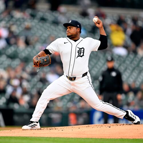 Detroit Tigers starting pitcher Framber Valdez throws during the first inning of a baseball game against the Boston Red Sox, Tuesday, May 5, 2026, in Detroit. (AP Photo/Jose Juarez)