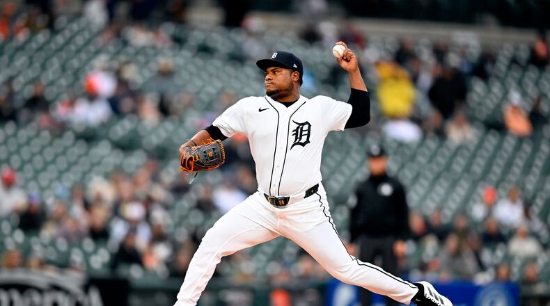Detroit Tigers starting pitcher Framber Valdez throws during the first inning of a baseball game against the Boston Red Sox, Tuesday, May 5, 2026, in Detroit. (AP Photo/Jose Juarez)