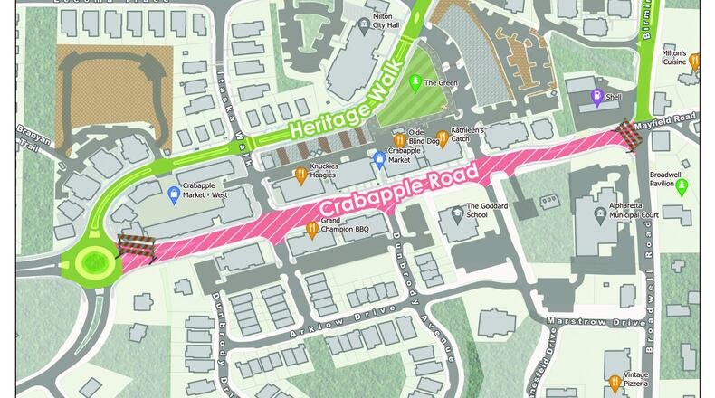 Crabapple Road in Milton will close between the roundabout at Crabapple and Heritage Walk to the intersection of Birmingham Highway/Broadwell Road for the Crabapple Fest. (Courtesy City of Milton)