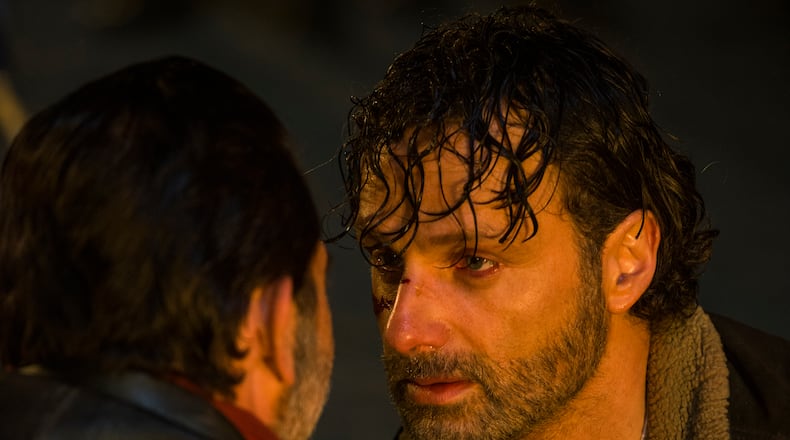 Jeffrey Dean Morgan as Negan, Andrew Lincoln as Rick Grimes - The Walking Dead _ Season 7, Episode 1 - Photo Credit: Gene Page/AMC