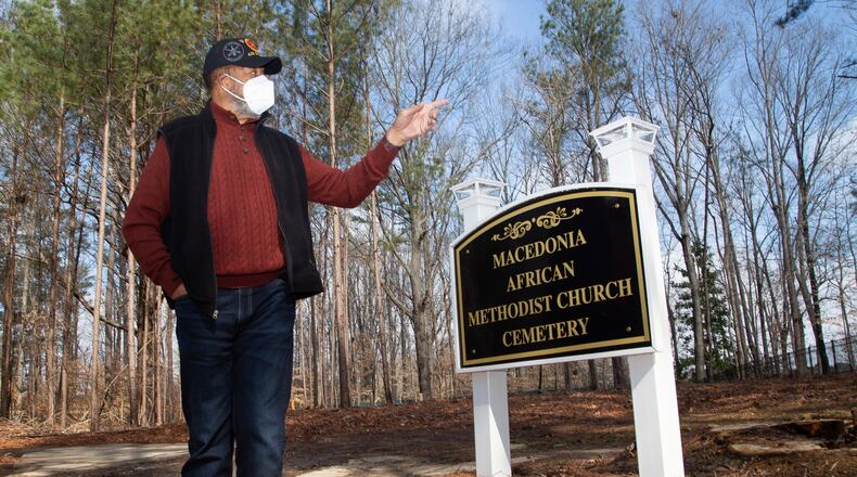 Johns Creek's Historical Society Board Member Kirk Canaday talks about the Macedonia Cemetery on February 19, 2021. STEVE SCHAEFER FOR THE ATLANTA JOURNAL-CONSTITUTION