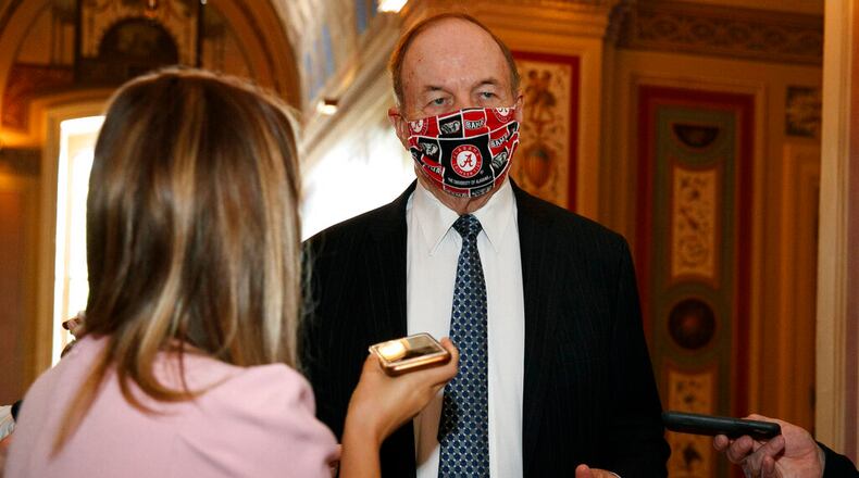 Sen. Richard Shelby, R-Ala., speaks to reporters outside a meeting with Treasury Secretary Steven Mnuchin and White House Chief of Staff Mark Meadows, Tuesday, July 21, 2020, on Capitol Hill in Washington. (AP Photo/Jacquelyn Martin)
