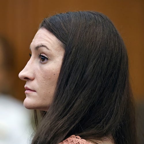 Lindsay Clancy listens to a witness on video during her murder trial at Plymouth Superior Court, Monday, Aug. 24, 2026 in Plymouth, Mass. (Greg Derr/The Patriot Ledger via AP, Pool)