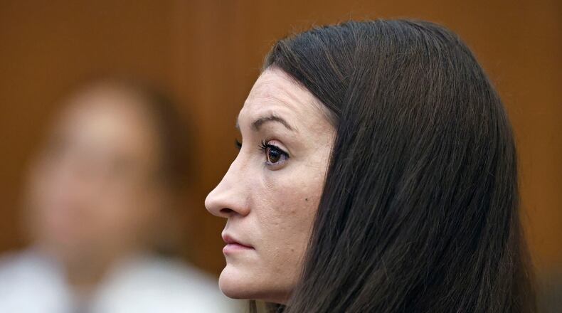 Lindsay Clancy listens to a witness on video during her murder trial at Plymouth Superior Court, Monday, Aug. 24, 2026 in Plymouth, Mass. (Greg Derr/The Patriot Ledger via AP, Pool)
