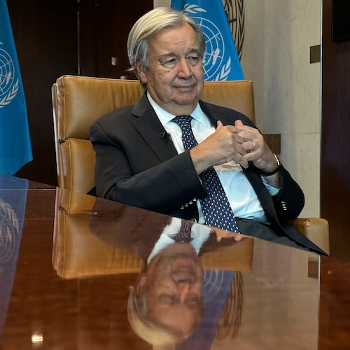 The United Nations Secretary-General Antonio Guterres speaks during an interview with The Associated Press at the United Nations headquarters, Thursday, Sept. 17, 2026. (AP Photo/David R Martin)