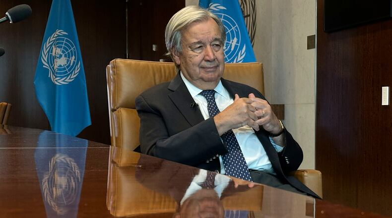 The United Nations Secretary-General Antonio Guterres speaks during an interview with The Associated Press at the United Nations headquarters, Thursday, Sept. 17, 2026. (AP Photo/David R Martin)