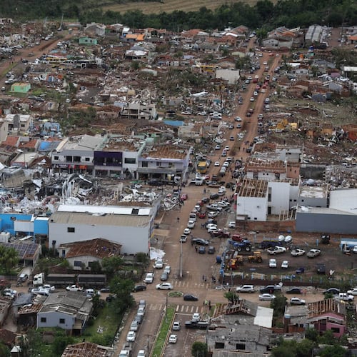 This photo provided by the Parana state government shows homes destroyed by a tornado in Rio Bonito do Iguacu, Parana state, Saturday, Nov. 8, 2025. (Jonathan Campos/Parana Government via AP)