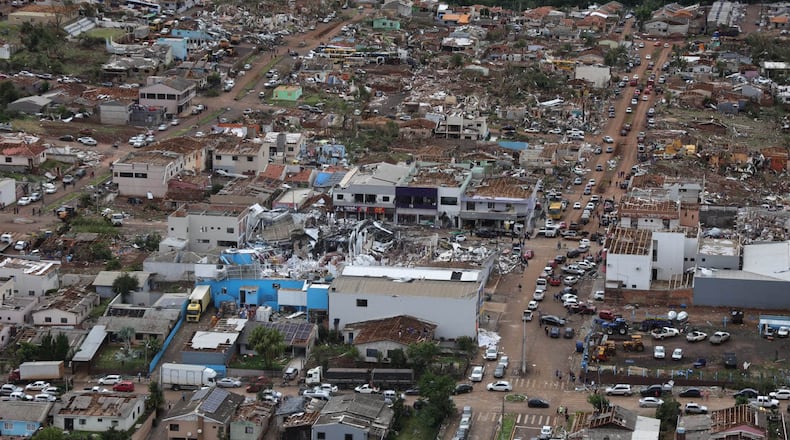 This photo provided by the Parana state government shows homes destroyed by a tornado in Rio Bonito do Iguacu, Parana state, Saturday, Nov. 8, 2025. (Jonathan Campos/Parana Government via AP)