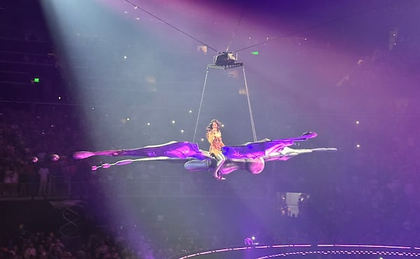 Katy Perry flew on a butterfly around the arena at the end of her "Lifetimes" show at a largely sold-out State Farm Arena on Wednesday, Aug. 20, 2025. (Rodney Ho/AJC)