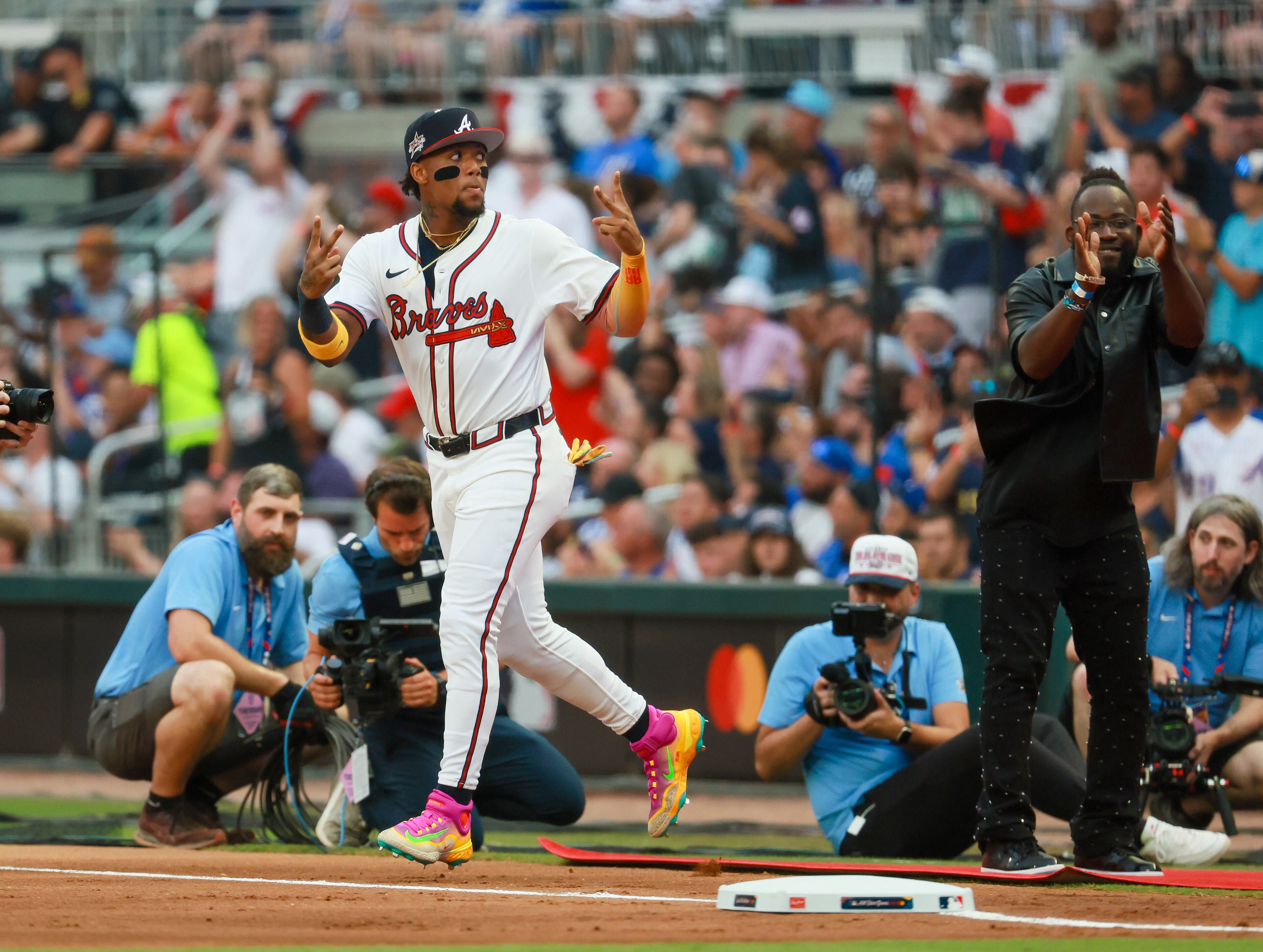 The National League's Ronald Acuña Jr. of the Atlanta Braves is introduced for the MLB All-Star Game at Truist Park in Atlanta on Tuesday, July 15, 2025. (Jason Getz/AJC)