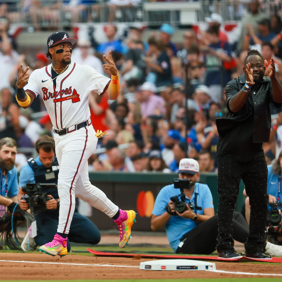 The National League's Ronald Acuña Jr. of the Atlanta Braves is introduced for the MLB All-Star Game at Truist Park in Atlanta on Tuesday, July 15, 2025. (Jason Getz/AJC)