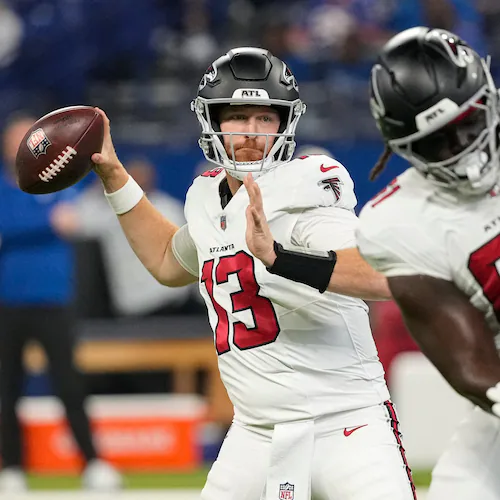 Atlanta Falcons quarterback Cooper Rush (13) throws against the Indianapolis Colts during the first half of an NFL football game in Indianapolis, Saturday, Aug. 22, 2026. (Nam Y. Huh/AP)