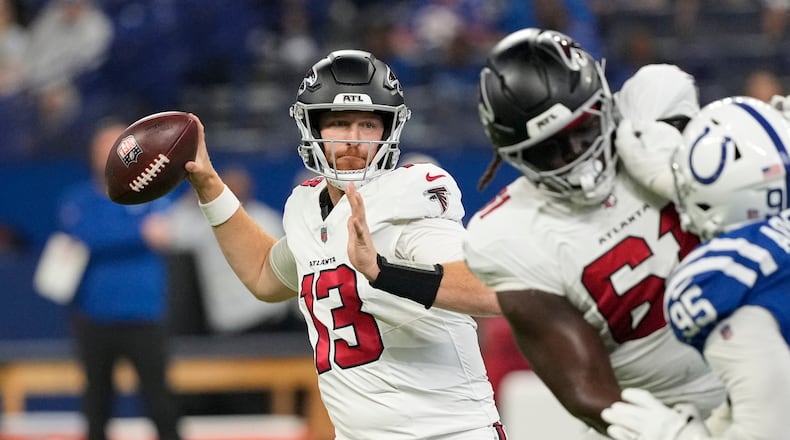 Atlanta Falcons quarterback Cooper Rush (13) throws against the Indianapolis Colts during the first half of an NFL football game in Indianapolis, Saturday, Aug. 22, 2026. (Nam Y. Huh/AP)