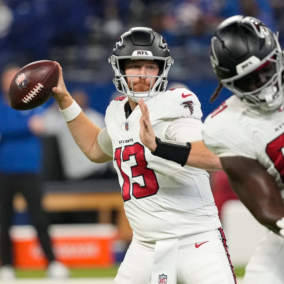 Atlanta Falcons quarterback Cooper Rush (13) throws against the Indianapolis Colts during the first half of an NFL football game in Indianapolis, Saturday, Aug. 22, 2026. (Nam Y. Huh/AP)