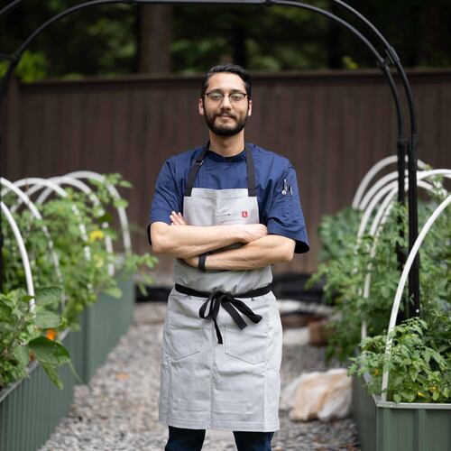 Fadi Alkaasamani is wearing a chef's apron and standing in between rows of tomato plants in a garden. His arms are folded across his body and he has a small smile on his face.
