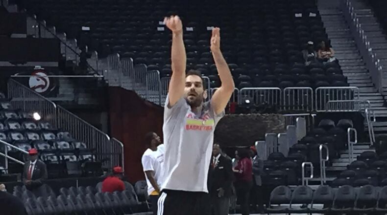 Jose Calderon warms up Sunday before his first game as the newest member of the Atlanta Hawks. Photo by Chris Vivlamore
