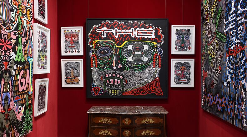 Work by Esteban Patino, including "The Superfluous Man" from 2021 (center), on view in a group show at Spalding Nix Fine Art.
(Courtesy of Spalding Nix Fine Art)
