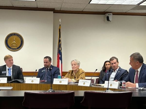 (Left to right) State Sens. Blake Tillery, Jason Anavitarte, Nan Orrock, Greg Dolezal and Steve Gooch were members of a special committee looking at eliminating Georgia's income tax, which had its final meeting on Wednesday in Atlanta. (David Wickert/AJC)
