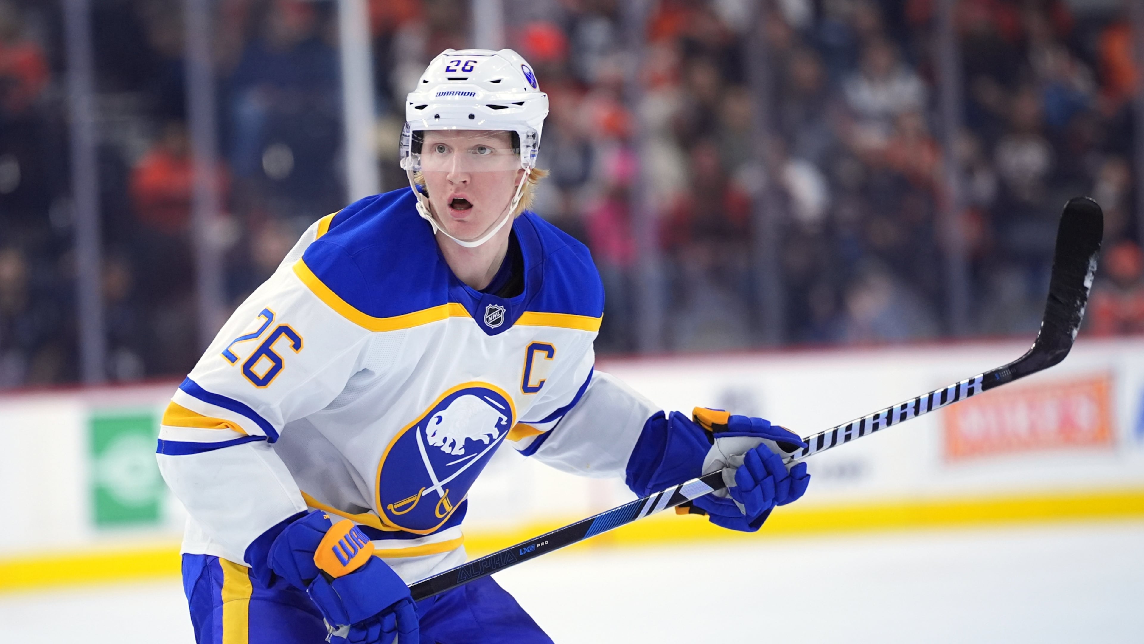 FILE- Buffalo Sabres' Rasmus Dahlin follows the action during an NHL hockey game, Saturday, Nov. 16, 2024, in Philadelphia. (AP Photo/Matt Slocum, File)