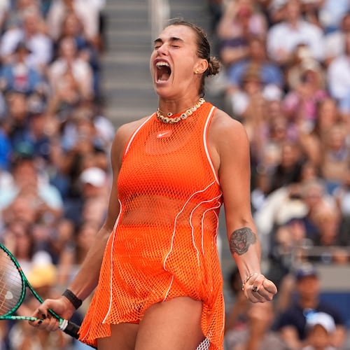 Aryna Sabalenka, of Belarus, celebrates winning a match against Linda Noskova, of the Czech Republic, during the quarterfinal round of the U.S. Open tennis championships, Tuesday, Sept. 8, 2026, in New York. (AP Photo/Seth Wenig)