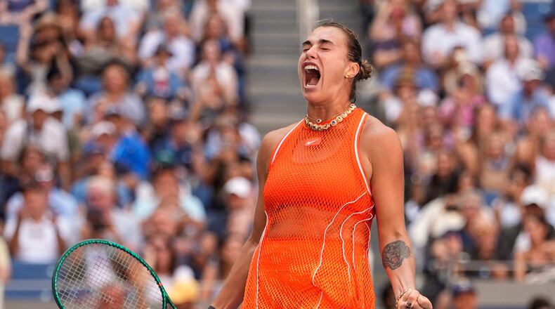Aryna Sabalenka, of Belarus, celebrates winning a match against Linda Noskova, of the Czech Republic, during the quarterfinal round of the U.S. Open tennis championships, Tuesday, Sept. 8, 2026, in New York. (AP Photo/Seth Wenig)