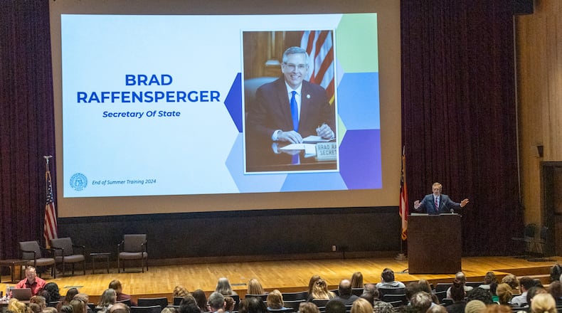 Secretary of State Brad Raffensperger speaks to the Georgia Election Officials during a training session at the  Public Safety Training Center in Forsyth on Tuesday, Aug 27, 2024.  (Steve Schaefer / AJC)