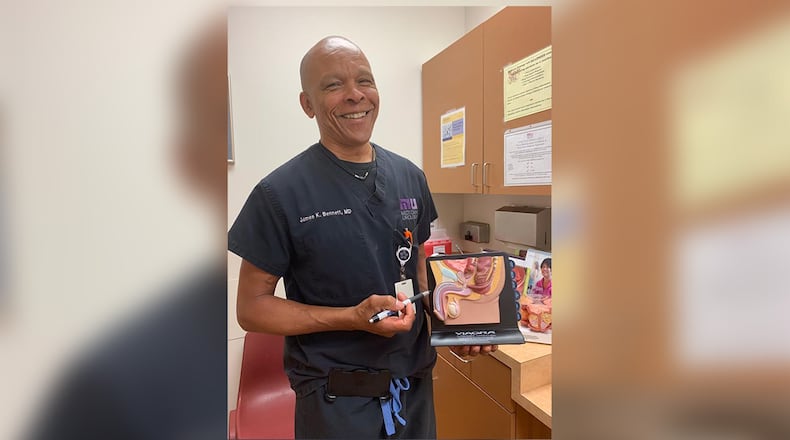 Dr. James Bennett, co-owner of Midtown Urology, is the founder of CHAMPS. He uses this model to help explain prostate health and procedures to his patients. GRACIE BONDS STAPLES/gstaples@AJC.COM
