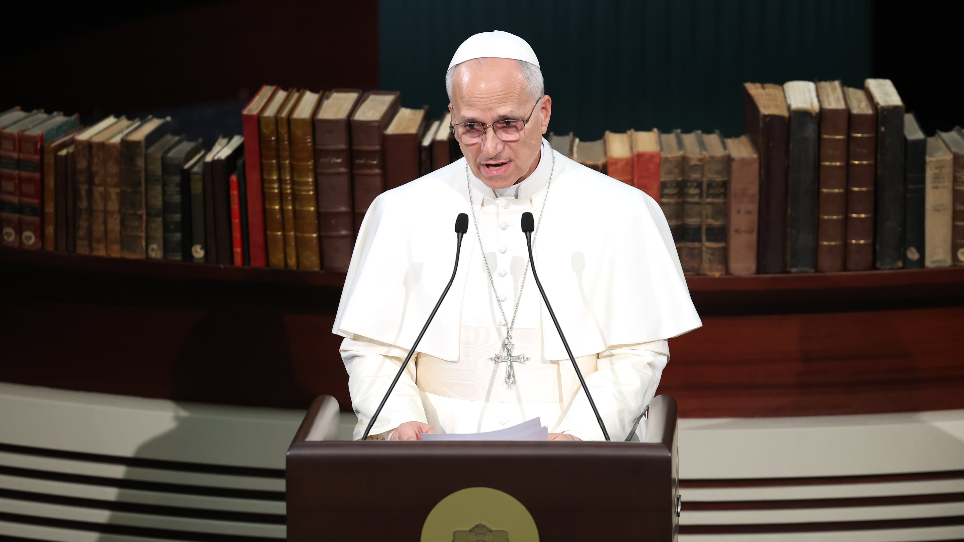 Pope Leo XIV delivers his speech as he meets with authorities, members of the civil society and diplomats in the Presidential Palace's national library, in Ankara, Turkey, Thursday, Nov. 27, 2025. (Yavuz Ozden/Dia Photo via AP)