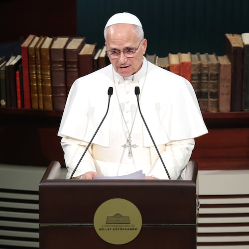 Pope Leo XIV delivers his speech as he meets with authorities, members of the civil society and diplomats in the Presidential Palace's national library, in Ankara, Turkey, Thursday, Nov. 27, 2025. (Yavuz Ozden/Dia Photo via AP)