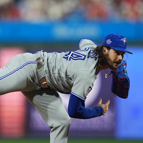 Toronto Blue Jays' pitcher Dylan Cease throws during the first inning of the MLB baseball All-Star Game between the American League and National League, Tuesday, July 14, 2026, in Philadelphia. (AP Photo/Matt Rourke)